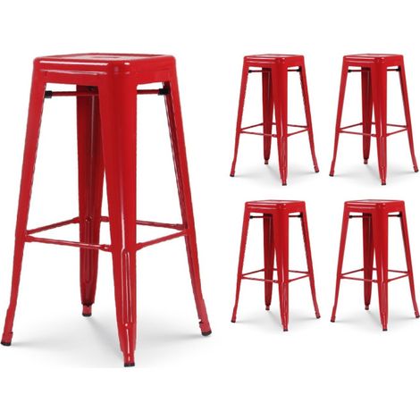 Lot de 4 tabourets de bar en métal rouge brillant style industriel - Sans dossier - Hauteur 76 cm