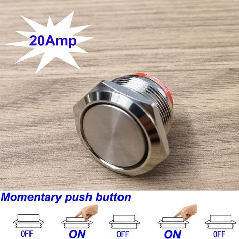 Gebildet Bouton Poussoir de Type Court 20A/12-24V, 15A/220V 19mm Interrupteur à Bouton-Poussoir Momentané en Acier Inoxydable Interrupteur SPST 2 Broches Etanche