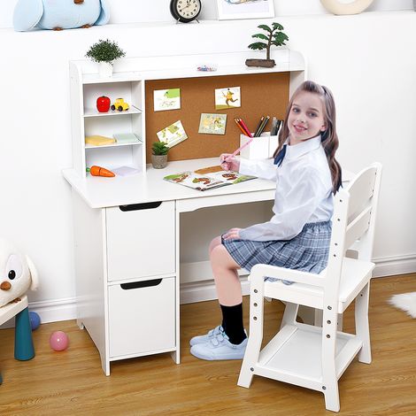 Bureau pour enfants avec chaise – Ensemble de coiffeuse en bois blanc sécurisé – Bibliothèque, tableau d'affichage, rangements – Parfait écriture, dessin, devoirs – Filles et garçons 3-8 ans – Couleur (1/5)