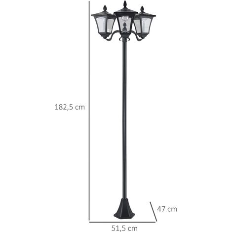 Outsunny Solar Gartenlaterne mit 3 flammig Laterne Mast aus Edelstahl Solarlaterne mit LED 120 Lumen 51,5x47x182,5cm Wegeleuchte IP44 für Garten Balkon Schwarz