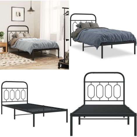 Cadre de lit métal sans matelas avec tête de lit noir 90x190 cm - Cadre De Lit - Lit Double - Lit Metal - Lit Noir - Meuble Chambre - Home & Living (1/5)