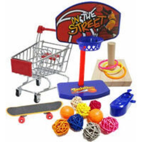 SABIR Lot de 5 jouets d'entraînement pour perroquets et oiseaux – Ensemble de jouets d'entraînement intelligents assis avec panier à roulettes, anneau d'empilage et mini chariot de courses (1/5)