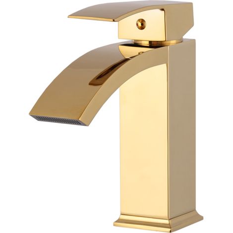 Mitigeur de Lavabo Cascade Doré en Laiton - Cascade Moderne avec Bec Large - Hauteur 19 cm (1/4)