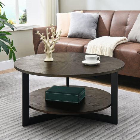 PADMA HOUSE Table basse ronde en bois massif, de salon, canapé, structure métal, à 2 étages, (vintage noir), 8545,5 cm, (1336) (1/5)