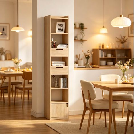 Libreria 33x24x181 cm rovere chiaro in legno con 6 ripiani, 2 cassetti e anta (1/5)