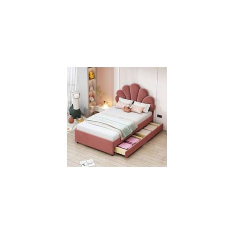 Lit simple 90x200 cm, lit enfant avec tiroirs et tête de lit en forme de fleur, tissu en velours rouge, sans matelas (1/5)