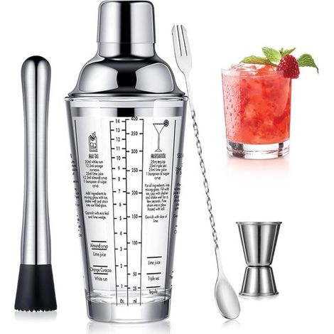 Longziming - Shaker à cocktail en Verres gradué – Shaker de 400 ml avec couvercle étanche en acier inoxydable et verre doseur – Idéal pour les cocktails, les boissons mélangées et le bar à domicile – (1/5)