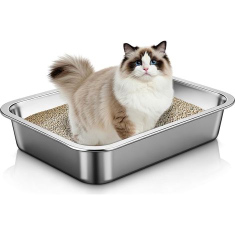 Bac Litière Chat Inox Robuste Ouvert Anti - déformation Stable pour Chatons (1/5)