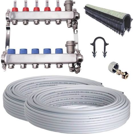 Kit plancher chauffant hydraulique 110 m² – Collecteur inox 5 départs avec vannes – Tube multicouche D16 de 200m – John Guest Speedfit