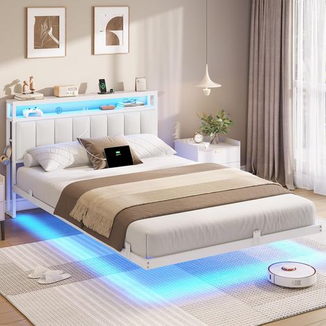 Cadre de Lit 140x200 avec Multiprise et Éclairage LED, Lit 2 Personnes Flottant avec Tête de Lit Rangement, avec Sommier en Métal, Structure Stable, PU Blanc(sans Matelas) (1/5)