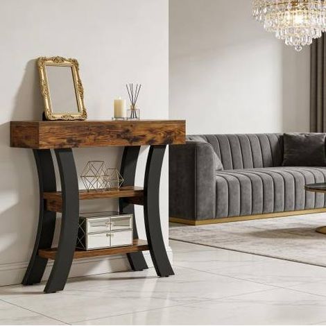 Mesa consola de 3 niveles, 105 x 30 x 80 cm, metal y MDF, negro y marrón OKMYHOME (1/5)