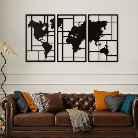 Décoration murale en métal 3 pièces carte du monde, 150 x 80 cm, noire DESVIAE (1/5)