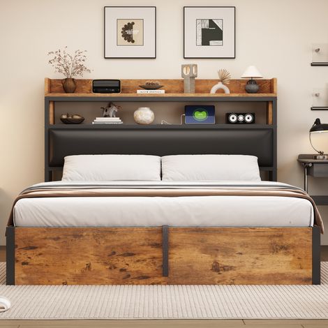 Cadre de lit 180x200 cm avec mécanisme hydraulique, USB, tête de lit rembourrée, design vintage bois et métal, rangement dissimulé, lit double noir