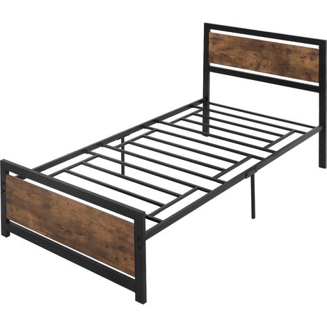 Struttura Letto Singolo in Legno e Acciaio con Doghe in Stile Industriale, 90x200cm