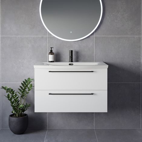 Napoli 390 Gloss White 800mm Wall Mounted 2 Drawer Vanity Unit with Arc Basin - 800mm - Matt Black 480mm Handle