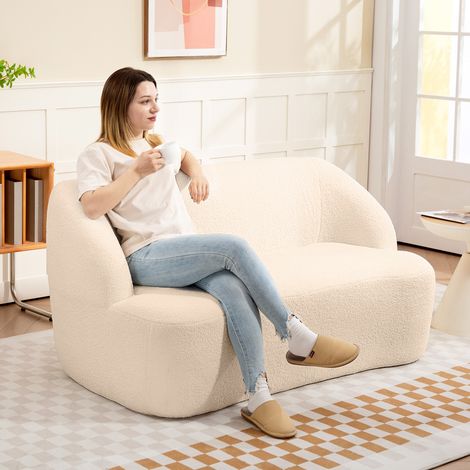 Canapé 2 places canapé en tissu bouclette 142 centimètres avec dossier et assise incurvés, beige, aucun assemblage requis