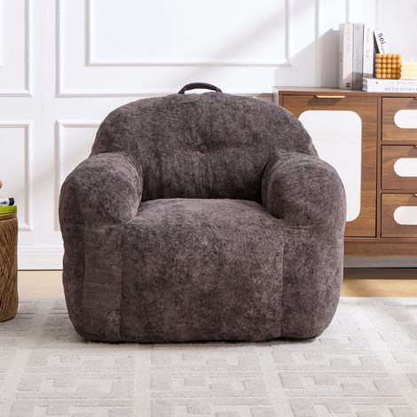 Pouf garni de mousse déchiquetée, canapé pouf en fausse fourrure avec accoudoirs, idéal pour le salon, la chambre et la lecture, aucun montage requis, gris foncé (1/4)