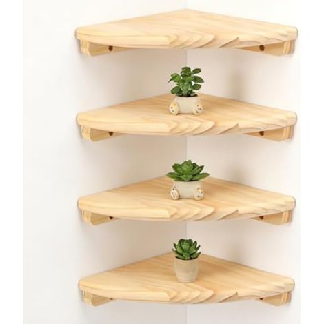 Lot de 4 Étagère d'angle Suspendue en Bois, Rayon 18 cm, Étagère Flottante Angle pour Chambre et Salon, étagère Murale Design Naturel (1/5)