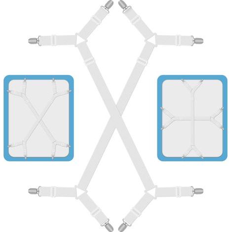Blanc, 2 Pièces Tendeur Drap Housse Lit Drap Réglable, Attache Drap Housse, Réglable Élastiques Triangle Sangles, Elastique Drap Housse avec Clips en Métal, Compatibles avec Tous Les Matelas Carrés (1/5)