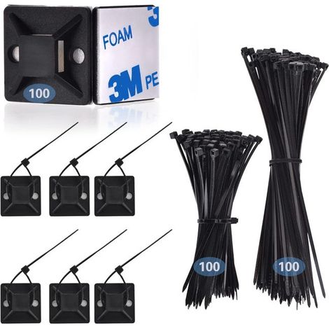 200 attaches de câble, 100 supports de base autocollants de câble, clips de câble avec des tampons autocollants forts (1/4)