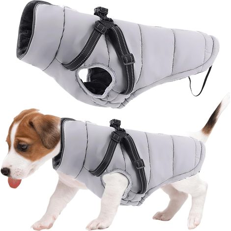 DOLASO Wasserdichter Hundemantel, warme Jacke: Grau M, wasserdichter Hundemantel mit Geschirr, Winter-Hundemantel, Hundemantel mit integriertem Geschirr für kleine, mittelgroße Hunde (1/5)