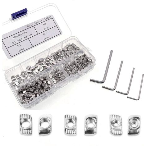 Lntyq 180 PCS Écrous T-Slot M3 M4 M5 en Acier au Carbone Écrous de Fente de T avec 4 Clés Allen, Tête de Marteau d'extrusion 2020 Kit écrou de Fixation pour Imprimante 3D