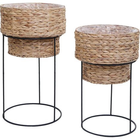 Lot de 2 pots de fleurs HWC-Q45, jardiniére, bac à fleurs- naturel, support noir (1/5)