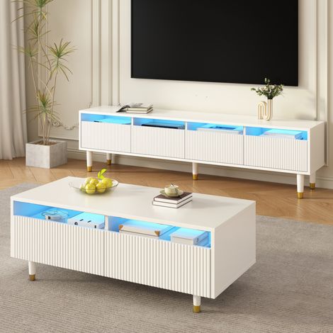 Mueble TV y mesa de centro LED blanco y dorado 4 puertas 2 cajones HAVRYA (1/5)