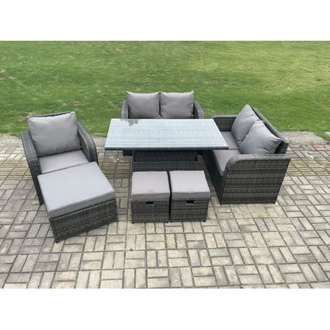 Fimous Rattan Furniture Garden Dining Set Outdoor Height Adjustable Rising lifting Table Love Sofa Chair With 3 Footstools