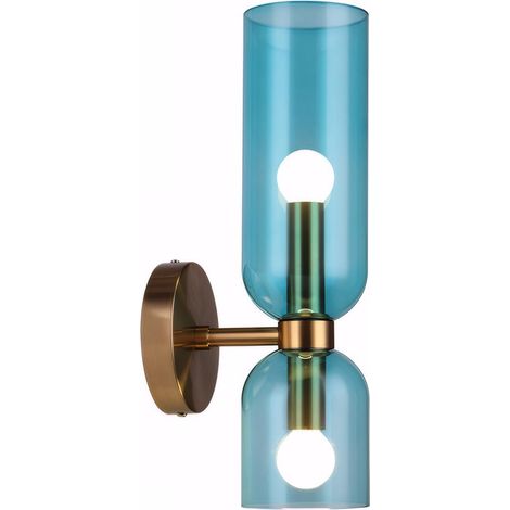 Applique murale moderne avec verre soufflé asymétrique – Lampe murale double éclairage douille E14 pour chambre couloir salle de bain (bleu)