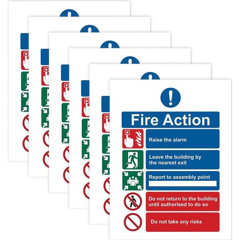 Lot de 6 panneaux en vinyle Fire Action Notice, Panneaux de sécurité incendie résistants, Autocollants de prévention des risques d'incendie pour lieux publics (1/5)