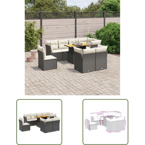 The Living Store 9-tlg. Garten-Sofagarnitur mit Kissen Schwarz Poly Rattan - Gartensorte - Gartenmöbelset - PE-Rattan Möbel - Outdoor Sofa - Lounge Set