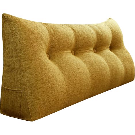 VERCART Großes Bettruhe Keilkissen, Lang Lesekissen, Dekoratives Kopfteilkissen, Dreieckiges Rückenkissen, Loungekissen für Tagesbett oder Couch, Leinenmischung Gelb, 120CM
