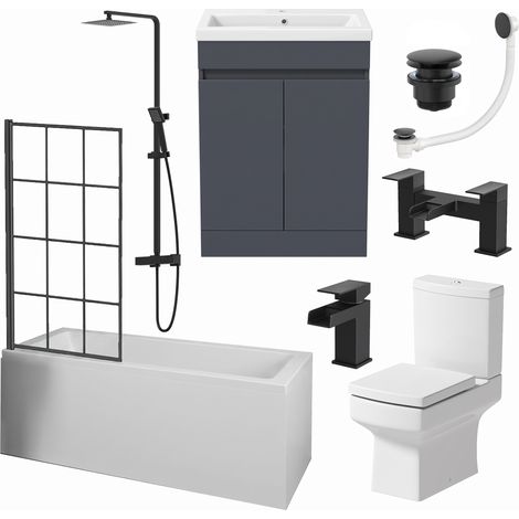 Complete Bathroom Suite 1700mm Bath Black Shower Screen Basin Vanity Toilet Taps (1/5)
