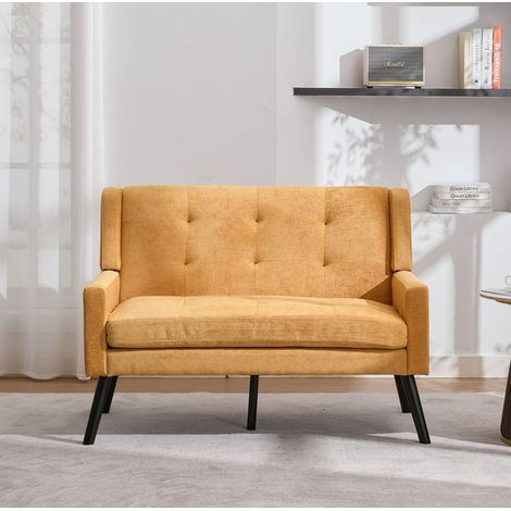 Canapé droit 2 places capitonné, assise mousse haute densité, pieds bois antidérapants, 119×75×88 cm, lin jaune (1/5)