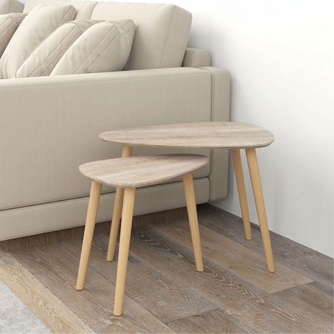 Lot de 2 tables basses gigognes design scandinave pieds en bois et plateau en bois, aspect naturel (1/5)