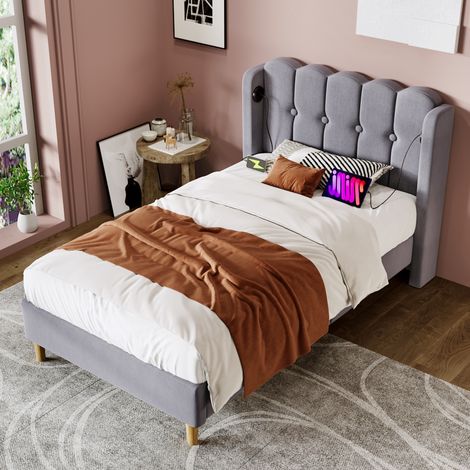 Bett Leinenstoff Grau 90x200 cm mit USB- und Typ-C-Ladefunktion