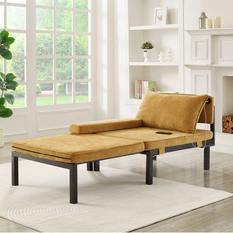 Poltrona letto compatta gialla in velluto con funzione estraibile, porta USB Type-C e struttura in legno (1/5)