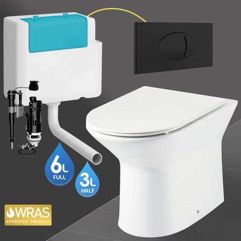Rimless D Shape Back to Wall Toilet Pan, Seat & BTW Concealed Cistern with Dual Flush Button Plate (1/4)