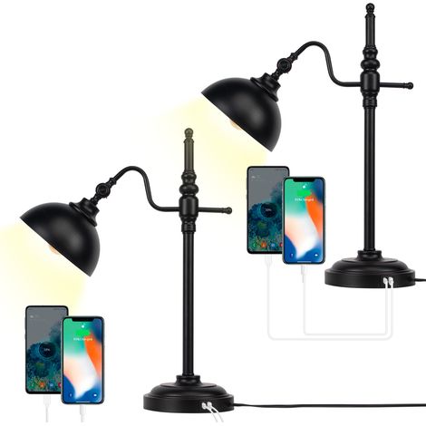 JCPYIUL schwarze Metall-Tischleuchte, Retro-Schreibtischleuchte mit USB-Schnittstelle, runder Industriestil, schwarze Wohnzimmer-Tischleuchte, geeignet für Schlafzimmer und Schreibtisch (2 Stück,Ohne  (1/5)