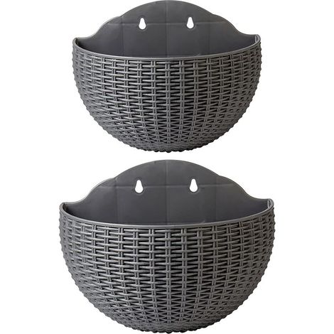 Lot de 2 pots de fleurs muraux imitation rotin, demi-cercles, avec trou de drainage et crochets, en plastique, pour balcon, clôture (gris) (1/5)