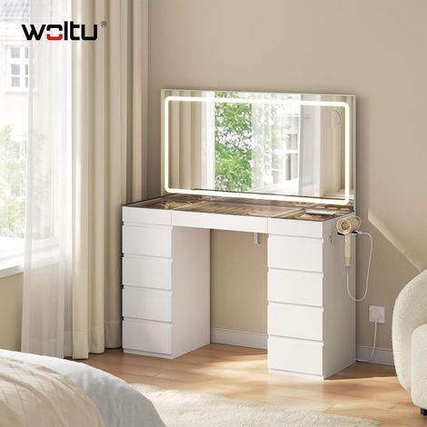 WOLTU Dressing Table with LED Mirror, 11 Drawers Vanity Table with 3 Colors LED Light, Jewellery Organisers, Charging Socket, 1 USB Port, 1 Type-C Port and 1 Hairdryer Holder White (1/5)