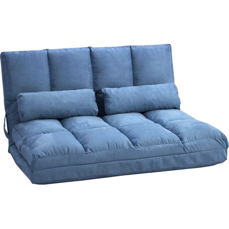 Chauffeuse - matelas d'appoint pliant - fauteuil convertible - inclinaison dossier réglable 14 positions - 2 coussins inclus - polyester aspect suédé bleu