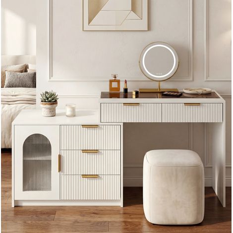 Tavolo da trucco 90-160/40/75 cm bianco con piano scorrevole, specchio LED e finitura elegante (1/5)