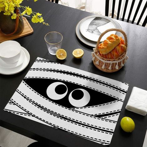 Dessous de verre d'Halloween, lot de 4, 30 x 45 cm, chauve-souris, château, citrouille, napperon, résistant à la chaleur, lavable, facile à nettoyer, pour fête, cuisine (1/5)