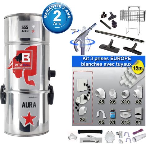 Aspiration centralisée avec sac OTTO BULL AURA 150 INOX (jusqu’à 150 m²), Garantie 2 ans + Set inter 9 M + 8 accessoires + kit 3 prises + kit prise balai + kit prise garage (1/5)
