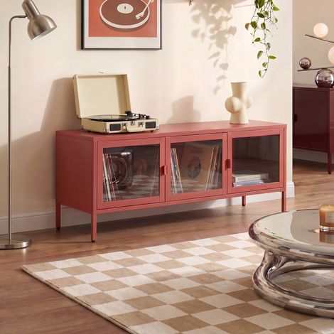 Meuble TV industriel en métal 130cm 3 portes, terracotta et verre trempé EZRA (1/5)