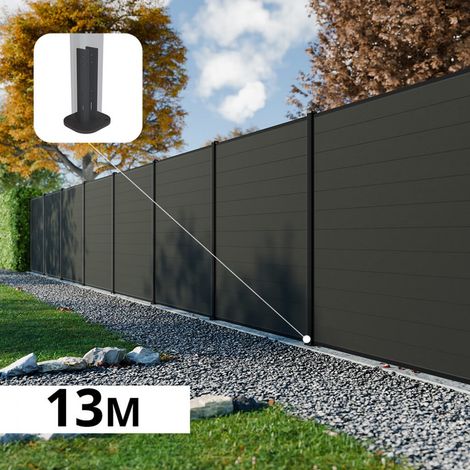 Kit Clôture Composite RIO Anthracite 13x1,8m - Bois composite & Aluminium - Poteaux sur Platines Noir - Brise vue (1/5)
