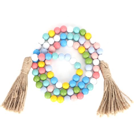 Chaîne De Perles En Bois - 84 Perles Bois Naturel 15 mm - Guirlande Décoration Murale Pâques - Longueur 1,48 M - Avec Gland 12 Cm - 1 Pièce (1/5)