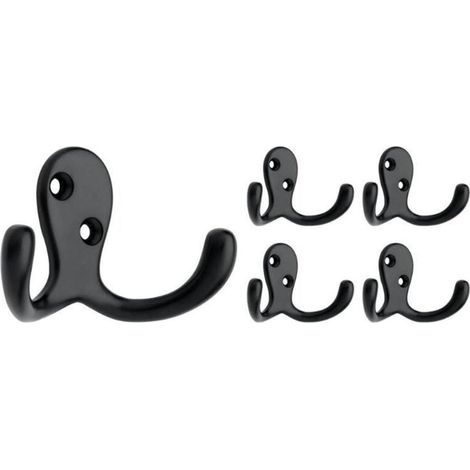 Lot de 5 crochets muraux doubles à 2 broches, noir mat, pour suspendre des manteaux ou des chapeaux, des vêtements, des sacs, des serviettes, etc. (1/4)